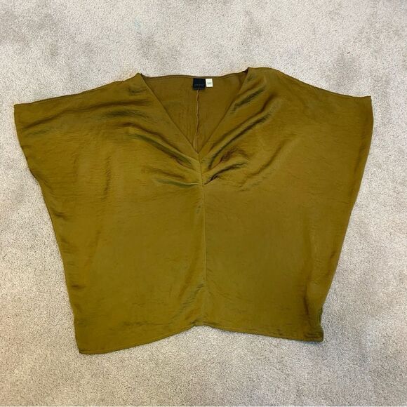 OXMO mustard khaki green V neck web sleeve blouse Sz M - Picture 9 of 14
